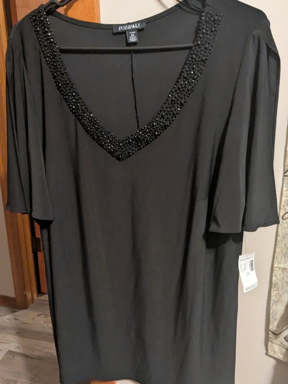 dressbarn Black Beaded V-Neck Tunic Top